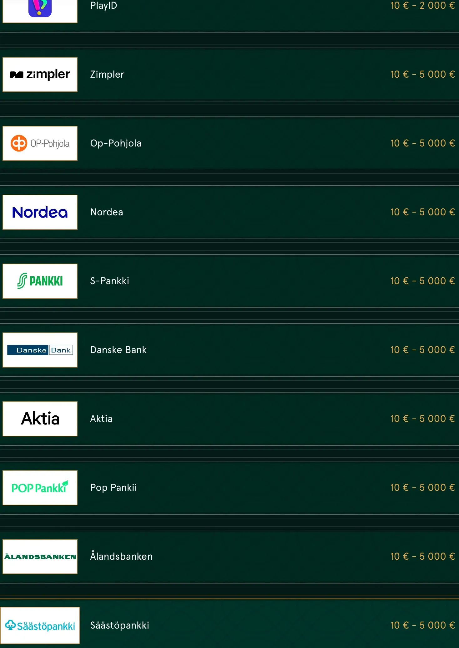 Lista Casinian tukemista suomalaisista pankeista, mukaan lukien Nordea, OP ja Zimpler.